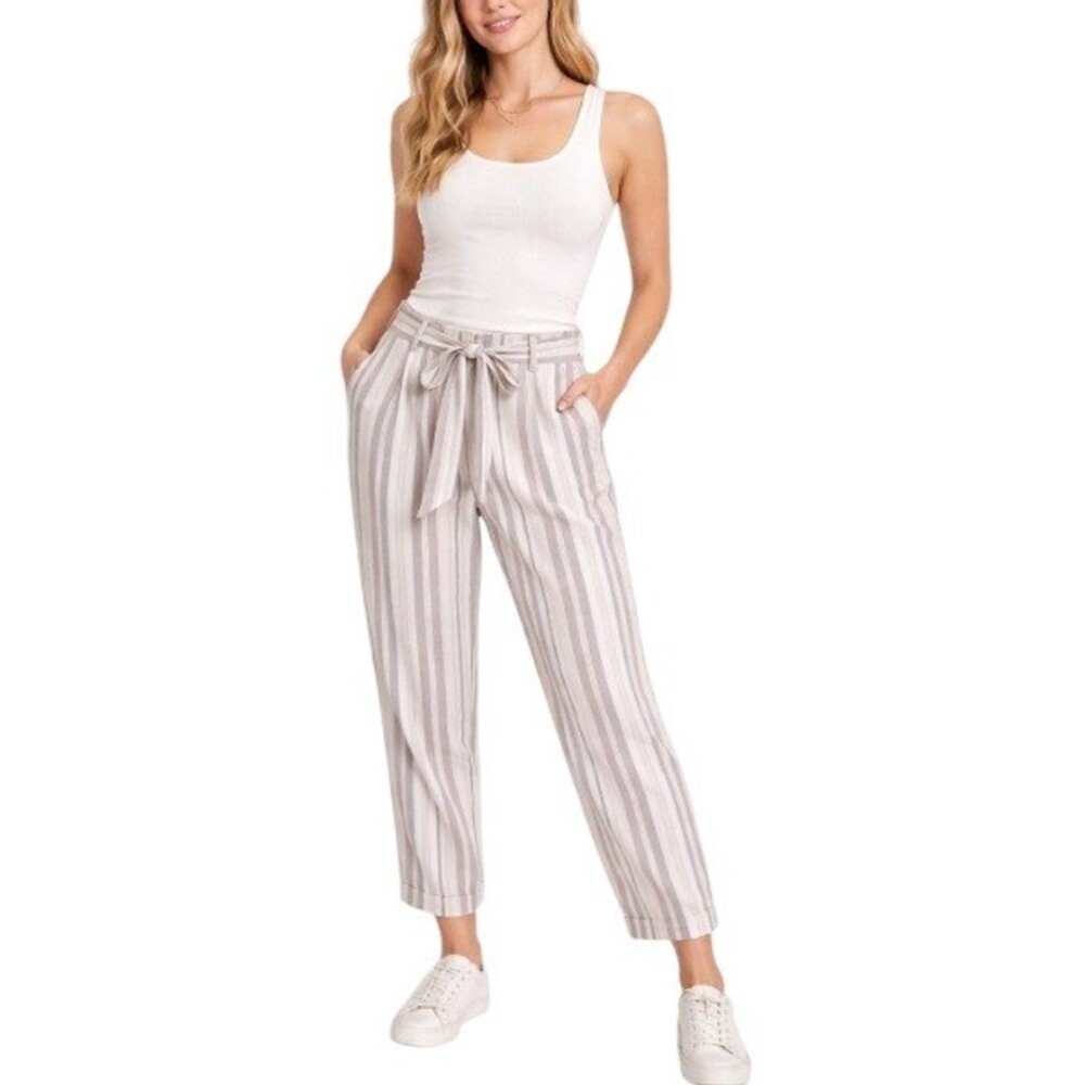 Express Women's Multi Striped Ankle High Rise Slacks Belt Tie Waist Pants Size 8